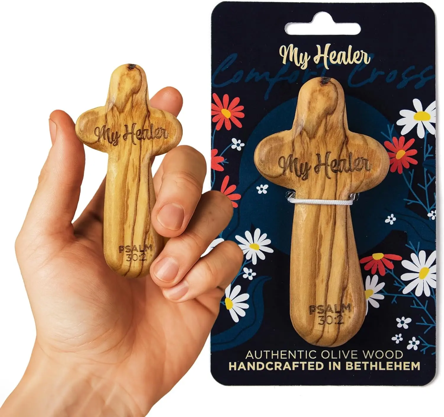 Laser Engraved Olive Wood Comfort Cross, My Healer, Psalm 30:2
