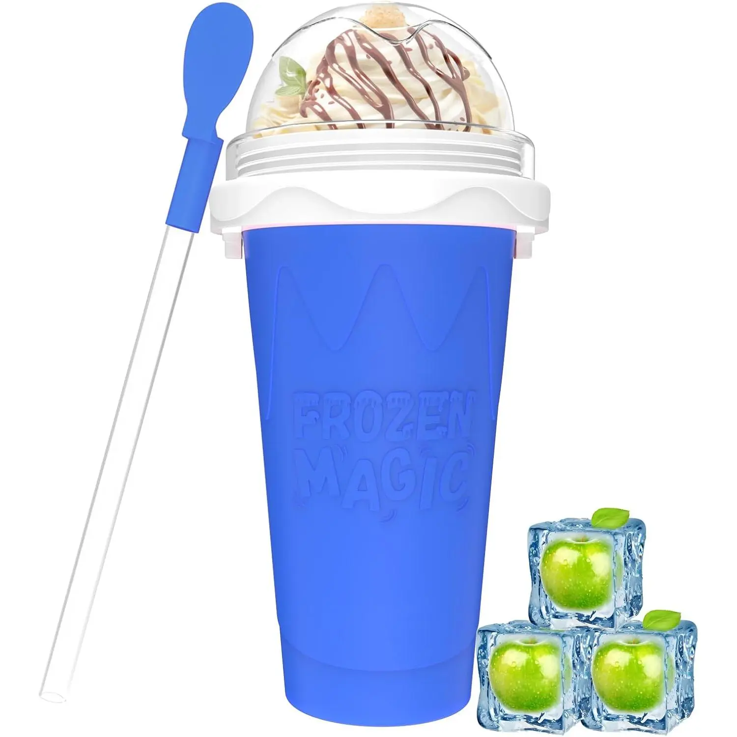 Slushy Maker Cups, DIY Magic Slushy Maker Squeeze Cups, Portable Smoothie Squeeze Cup for Juices, Milk and Ice Cream Make, Double Layers  Slushie Cup with Straw for Friends,Family Gifts(Blue)