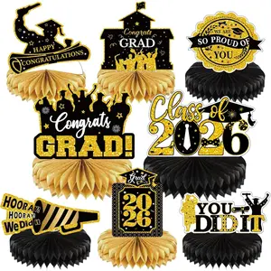 2026 Graduation Party Decorations - 8 count Black  Class of 2026 Graduation Party Decor Honeycomb Centerpieces for Tables Congratulate for 2026 Congrats Grad Party Supplies