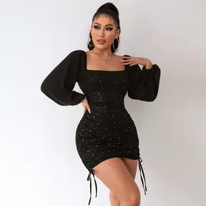 Black Glitter Square Neck Puff Sleeve Drawstring Bodycon Mini Party Dress