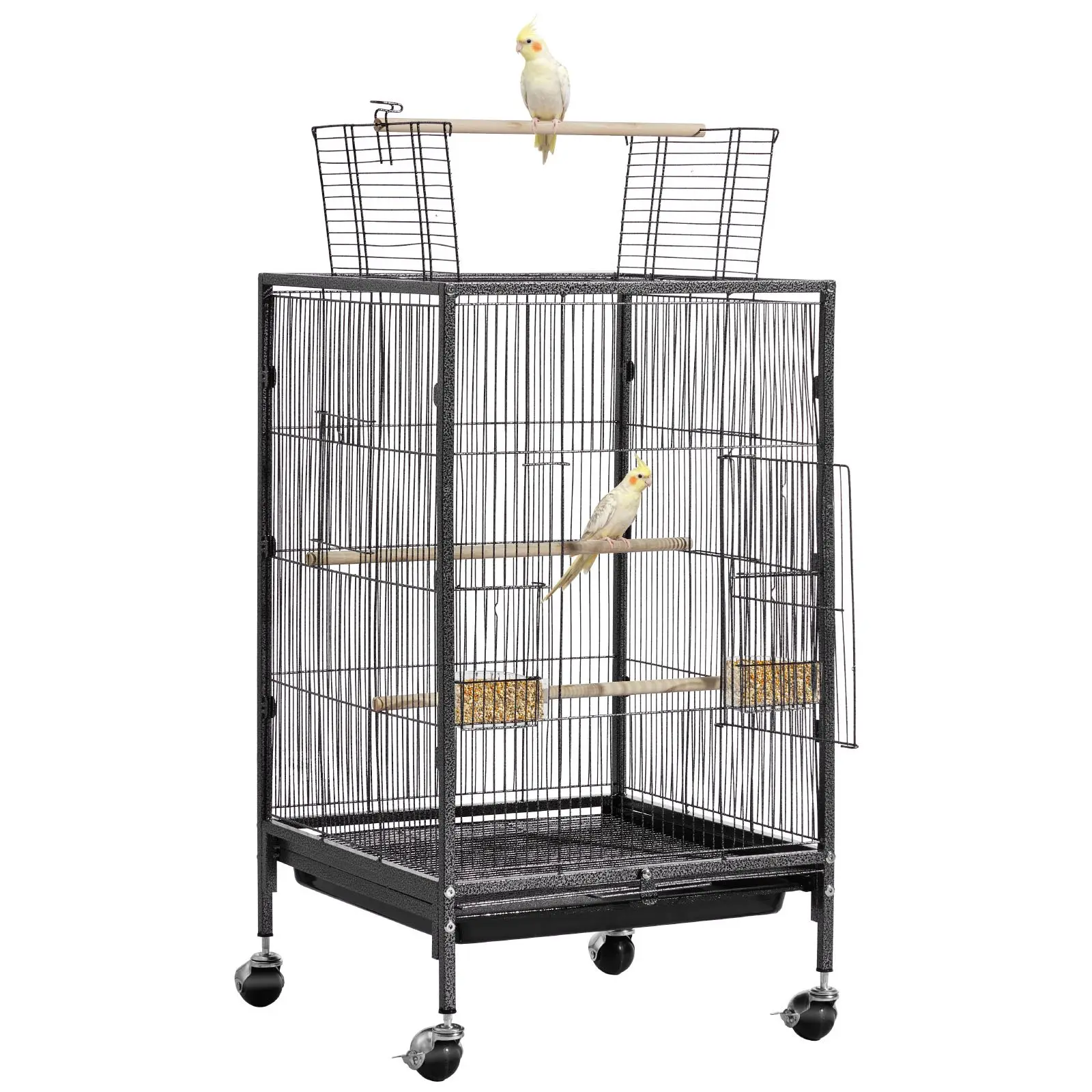 VEVOR 18x18x30" Rectangular Black Open-Flat-Top Wrought Iron Bird Cage with Perches, Slide-Out Tray, Plastic Feeders, Casters for Parrots, Canaries, Blue Tits & Small Pets (Bird Cages & Accessories), Canary