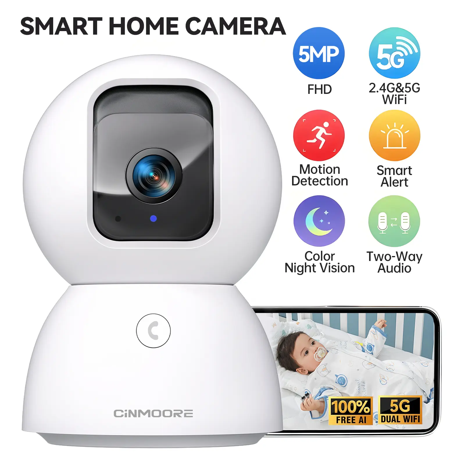 CINMOORE Wireless Security Camera, 5G Wi-Fi PTZ Home Monitoring Camera with 3KB Storage, Non-Subscription Person/Pet Detection & Face ID, Phone App Control, Full Duplex 2-Way Audio, Crystal Color Night Vision, SD Card Local Recording (White), Wireless Sec
