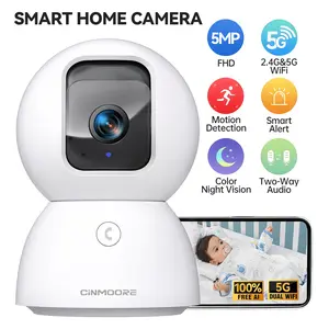 CINMOORE 3K 5G Indoor Security Camera, Non-Subscription Person/Pet Detection & Face ID, 5MP Pet/Dog Camera w/ Phone App, PTZ WiFi Baby Monitoring Cameras for Mum, Full Duplex 2-Way Audio Button, Crystal Color Night Vision, SD Card Local Recording, White