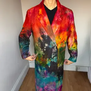 XL-M Soft Wool Dark Black  Rainbow Trench Coat, w belt Womenswear Coats Outerwear Fitted Long Sleeve Goth Tiedye Galaxy