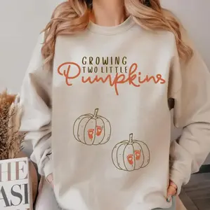 Growing Two Little Pumpkins Maternity Sweatshirt – Cute Twin Pregnancy Fall Halloween Shirt With Baby Footprints, Cozy Mom To Be Announcement Top