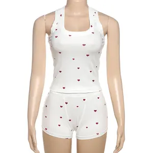 Sweet Round Neck Polka Dot Heart Pattern Tank Top for Women, New Summer Korean Style Sleeveless Slimming Top Two-Piece Set