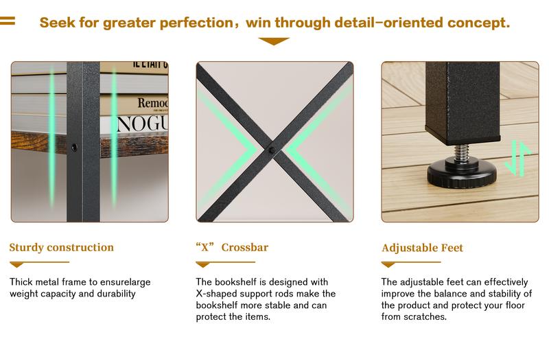 Walsunny 5-Tier Bookcase with 14 Shelves, Open Display Book Shelf with Metal Frame, Book Shelf for Home Office, Rustic,Freestanding Industrial Ladder