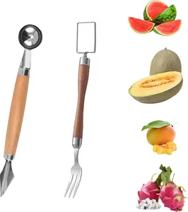 2-in-1 Stainless Steel Watermelon Cutter Slicer & Forks,Fruit Scoop,Dual Head Melon Slicer Knife with Wooden Handle for Kitchen, Camping, Party (2 Pcs)