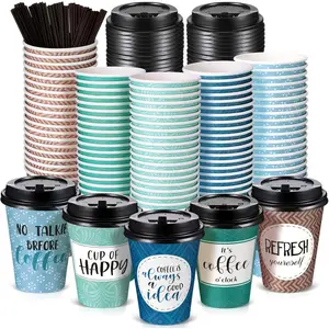 100 Pack Disposable Coffee Cups with Lids and Straws, Motivational Paper Cups with 6 Quotes and Designs Disposable Hot Cups for Water, Juice, Coffee, , Home, Shop Cafe (Cool Style,12 oz)