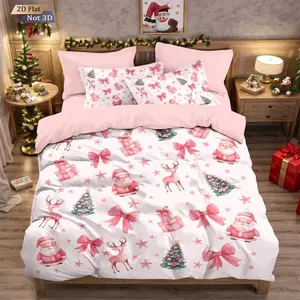 3pcs Pink Santa Claus Reindeer Bow Christmas Tree Pattern Decorative Duvet Cover Set, Includes 1 Duvet Cover & 2 Pillowcases, Soft Comfortable Fabric, No Filling, Suitable for Bedrooms, Hotels, School Dormitories, Perfect Christmas Gift, Bed Sets Supplies