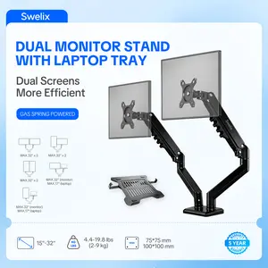 DUAL MONITOR STAND WITH LAPTOP TRAY—Gas Spring Arm for 32", 19.8lbs Max, C-Clamp or Grommet, Gaming & Home Office