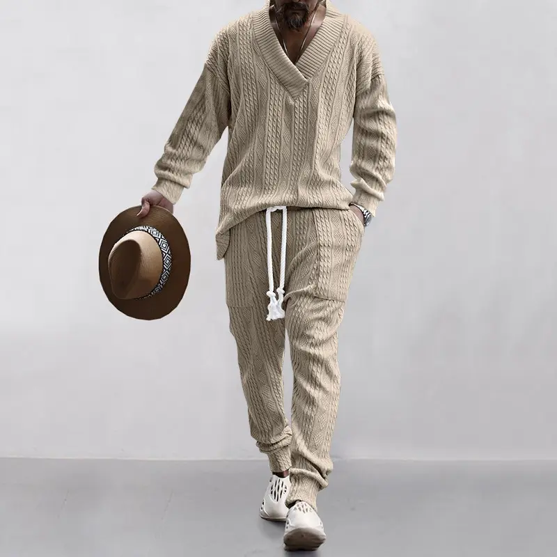 2025 New European and American men's casual pants V-neck Joker Jacquard Knitted Sweater Men's autumn suit