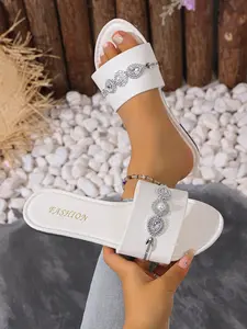 Women's Rhinestone Pearl Sandals, Luxury Open-Toe Flat Slippers, Elegant Summer Dress Shoes, Comfortable and Stylish Footwear