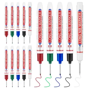 10 Pcs Long Nib Deep Hole Marker Pens, 20mm Extended Reach Long Nose Markers, Waterproof Permanent Construction Marking Tools, Carpenter Ink Markers for Wood, Metal, Construction & DIY Projects