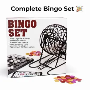 Complete Bingo Game Set with Rotary Cage Automatic Ball Selector 18 Reusable Cards 150 Token Markers Fun for Family Parties