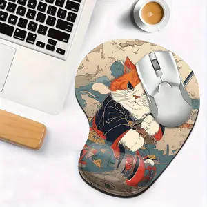 Cute Samurai Cat Wrist Rest Mouse Pad, Ergonomic Non-Slip Gaming Mouse Mat, Ukiyo-e Cat Design Desk Accessory for PC Laptop Office Home, Mouse Pad Suitable for Non-Slip Base, Computer, Laptop, Office and Home Use