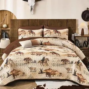 Western Quilt Set ,Ochre Brown 3 count Toile Cowboy Southwestern  Country Printed Bedspread  Set Soft Lightweight Microfiber Coverlet Set for  Season (110"x90")