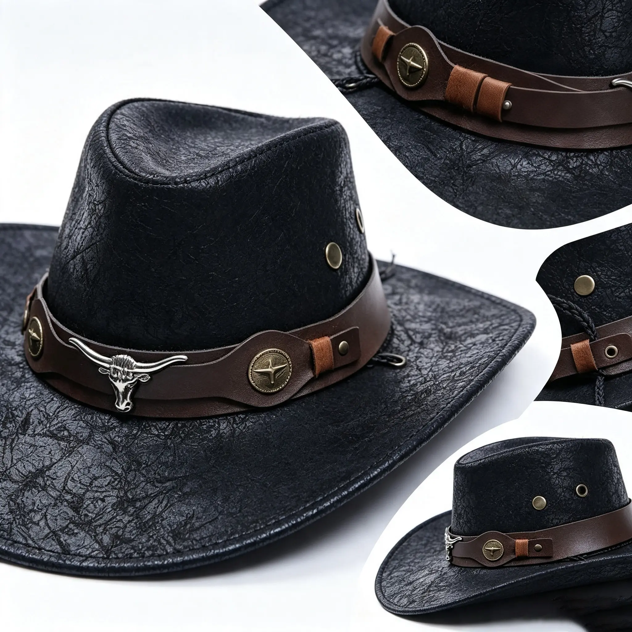 Unisex Vintage Wide-Brim PU Faux Leather Cowboy Hat - Metal Bull Head Ornament, Adjustable Wind Rope - Casual Outdoor Sunhat for Travel, Costume Use, Hats, Casual Wear
