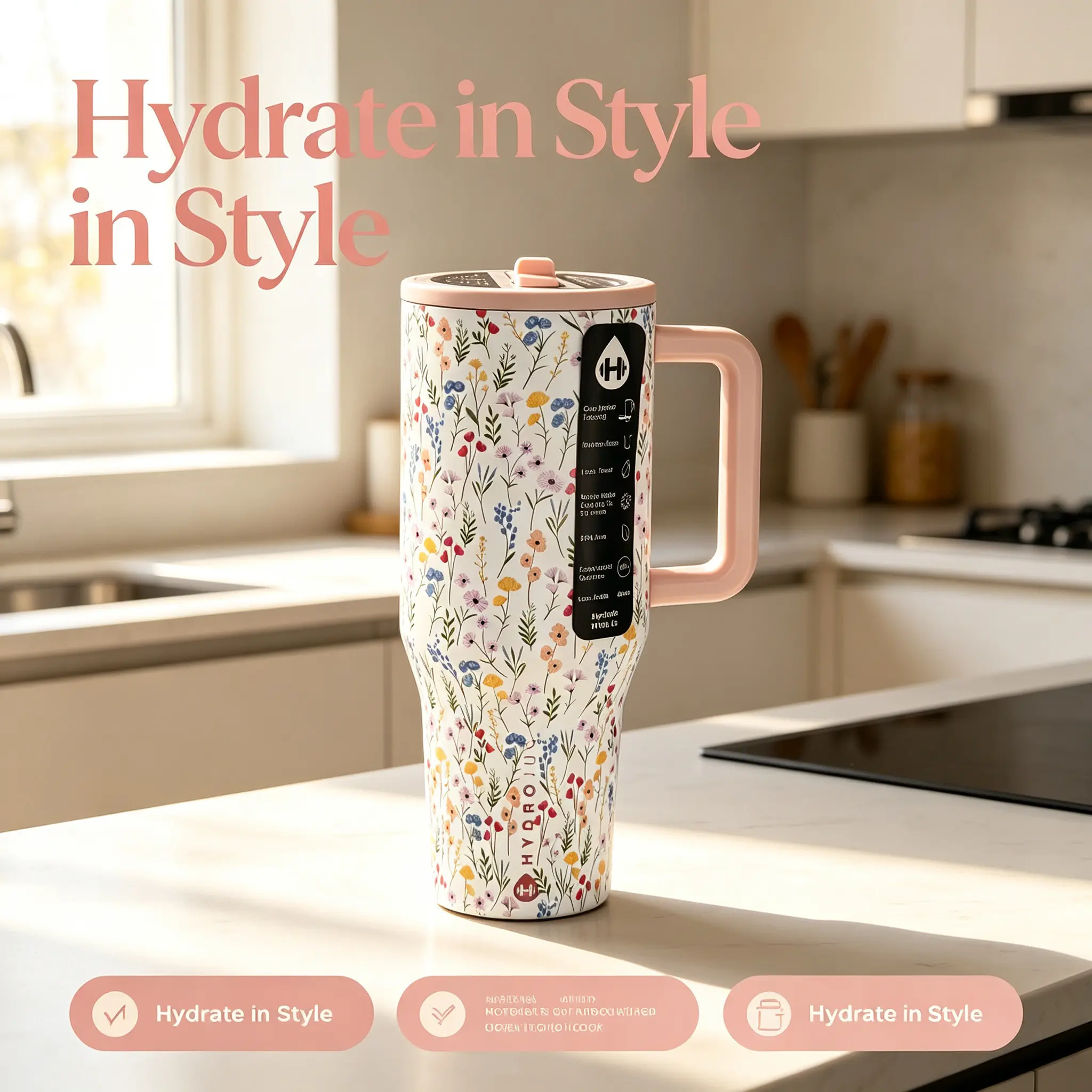 HydroJug Traveler 40oz, Insulated Tumbler with Handle & Straw, BPA-Free, 24-Hour Cold Retention Design, Pink Floral Print, Suitable For Home & Outdoor Use