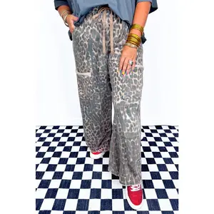 Khaki Plus Size Leopard Print Raw Edge Patch Pocket Drawstring Loose Pants