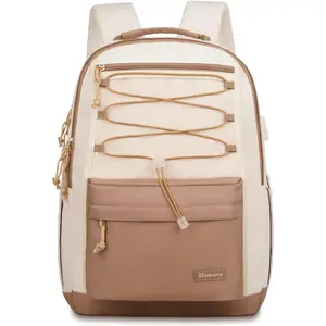 Momuvo Unisex Water-Resistant 15.6in Laptop Backpack with USB Charging Port, Built-in Pockets, Compact Multi-Compartment, Beige Brown - Backpacks for School, Travel