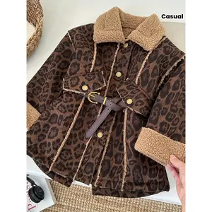Girls' Leopard Print Winter Jacket with Collar & Belt - Thickened Coat, Collar & Golden-Tone Buttons, Mid-Length Brown/Black/Beige Outerwear for, Parties, Casual Outfits (Hand Washable) - ' Outerwear