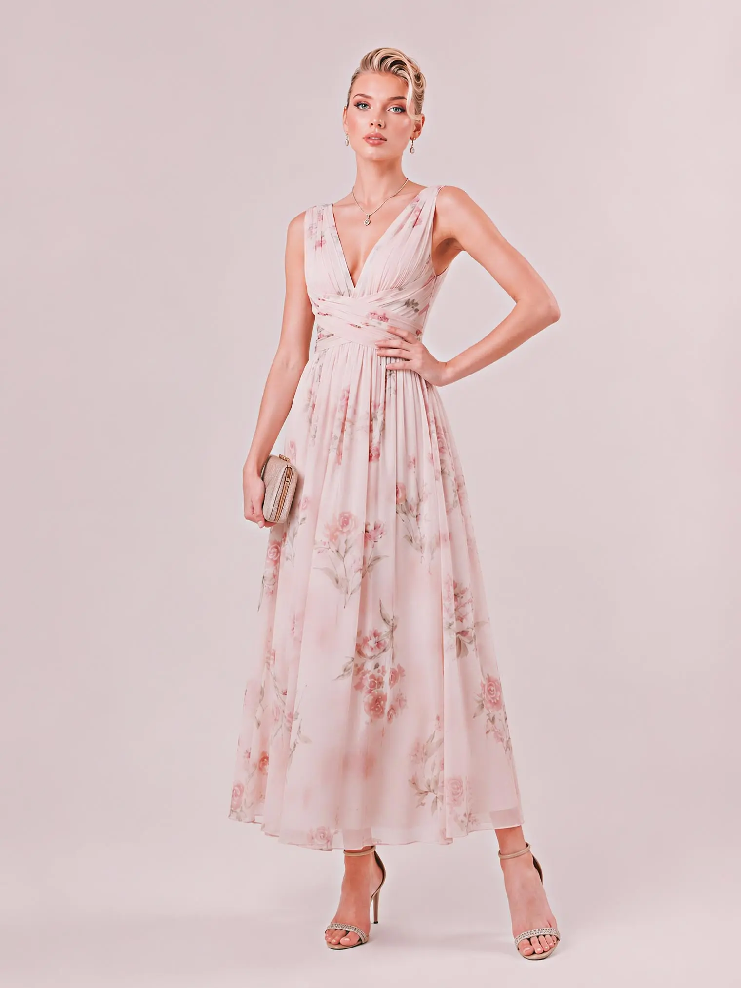 LikeMyChoice 2026 Women's Blush Pink Watercolor Floral Chiffon Midi Dress, Deep V-Sleeveless, Cross-Waist, Flowy Wedding Guest Formal Party Dress