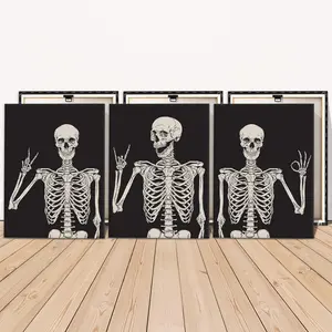 Skeleton Selfie Pattern Canvas Painting with Frame, 3 Counts/set Modern Wall Art Painting, Wall Art Decor for Home Living Room Bedroom Office, Modern Minimalist Design