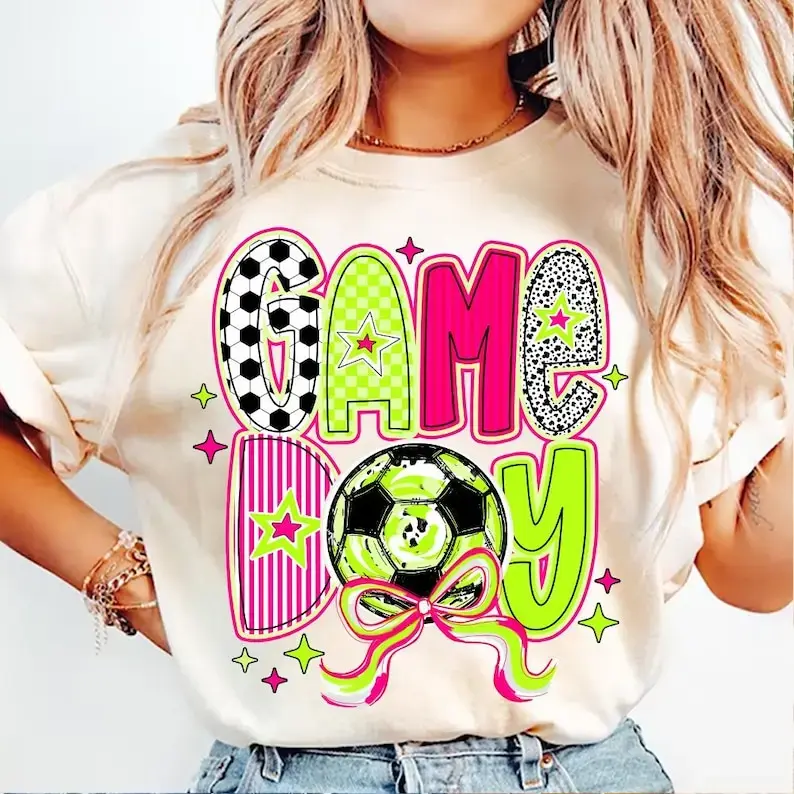 Soccer Game Day Tshirt, Soccer Coquette Shirt, Soccer Mama, Soccer Lightning Bolt Fabric Loose