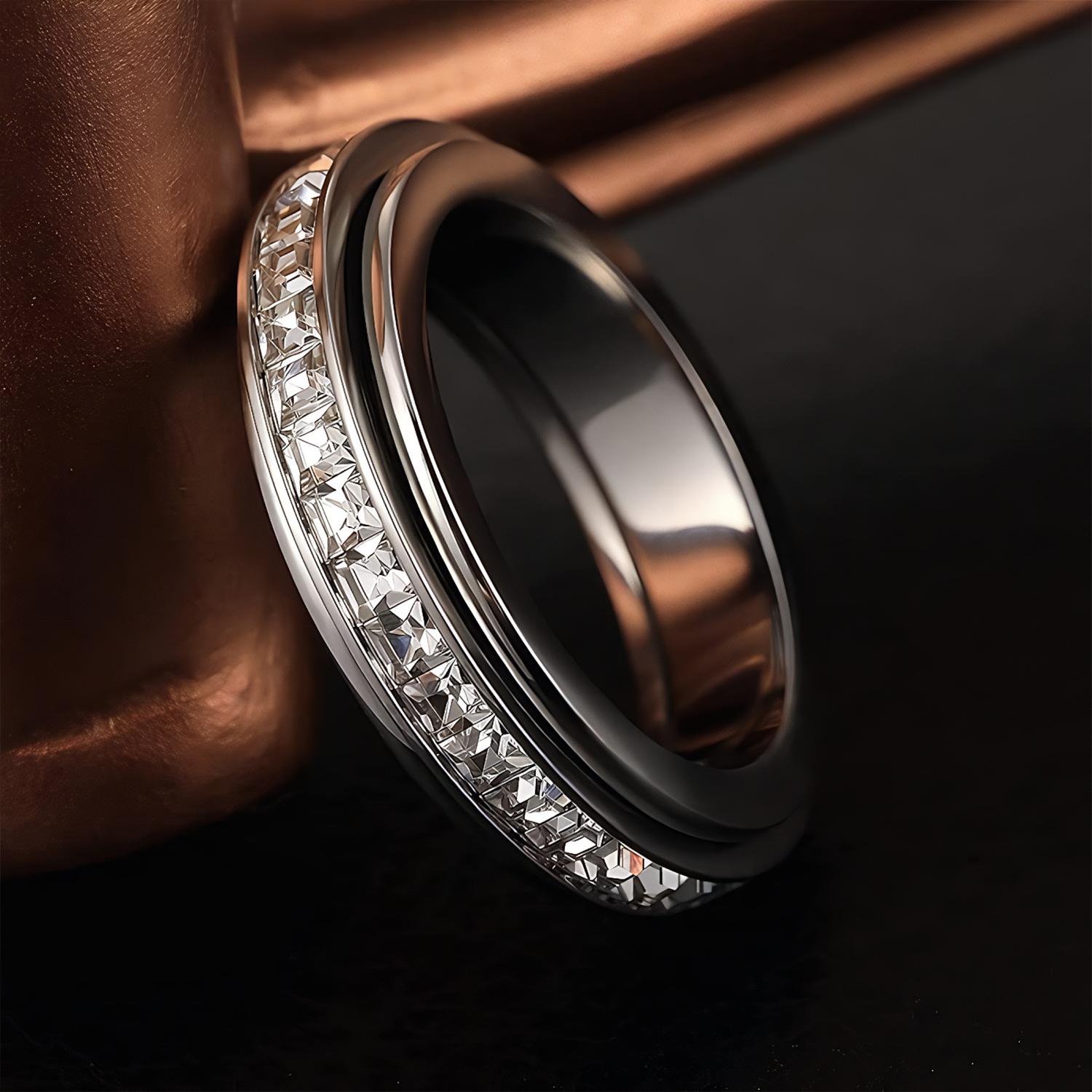 Anxiety Rings for Women and Men Titanium Steel Spinner Fidget Band Rings with Cubic Zirconia for Stress Relief and Wedding Promise Comfort Fit Size 5 to 12