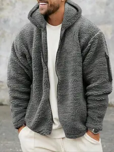 Men's Solid Color Double-Faced Fleece Hooded Jacket, Reversible Sherpa Fleece Lined, Lightweight Warm Zip-Up Hoodie for Fall & Winter