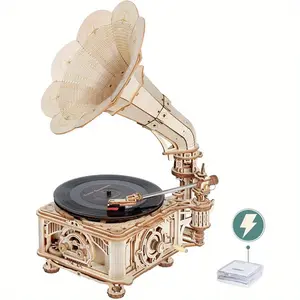 Robotime Rokr Electric Vintage Gramophone 3D Wooden Puzzle Kit Build & Play Record Player with Authentic Phonograph Sound LKB01D Electric Version