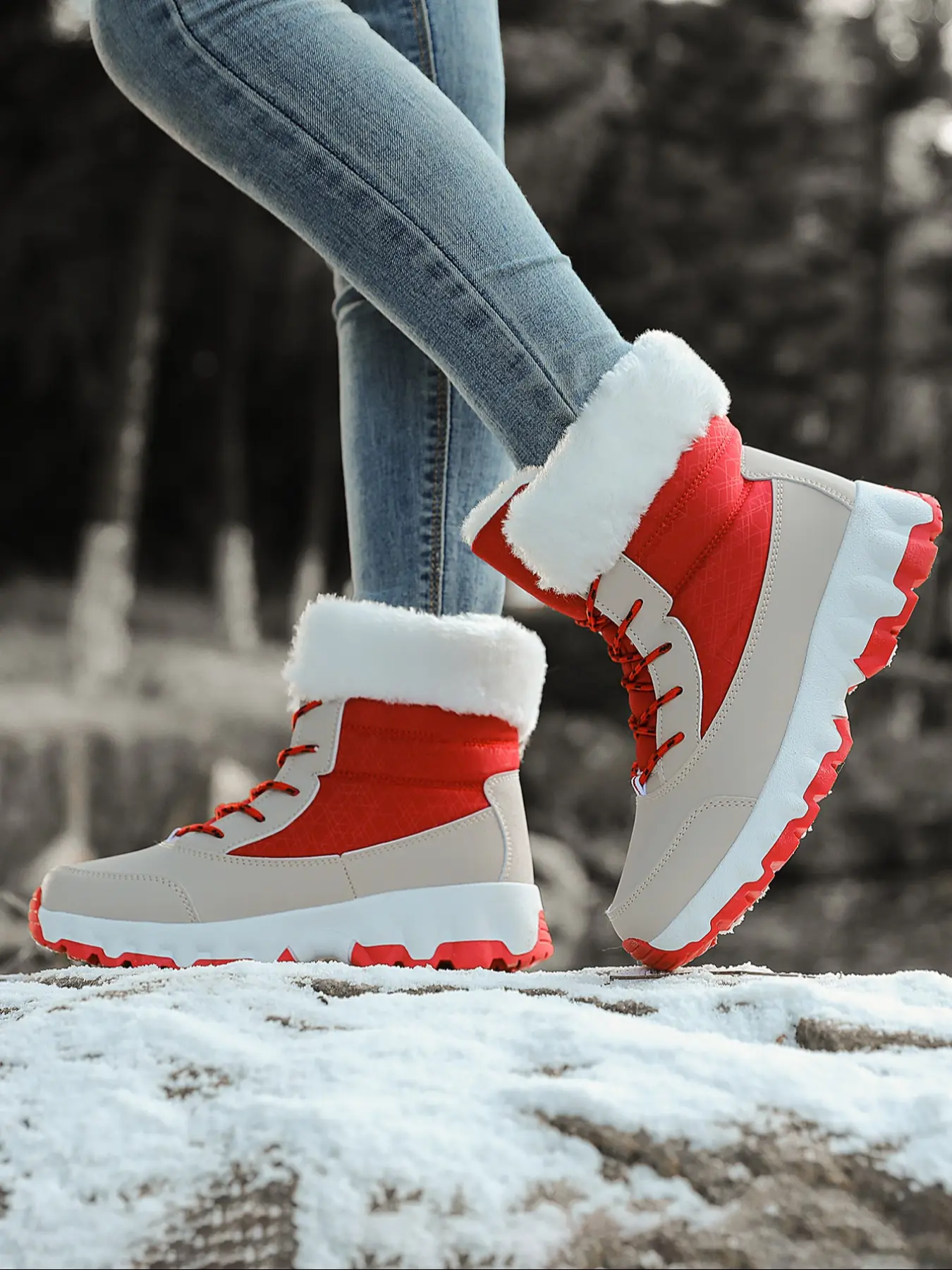Women's Mid-Calf Thick Fleece Lined Fluffy Snow Boots, Warm Inner Liner Sporty Casual Outdoor Hiking Shoes, Versatile Comfortable Winter Footwear