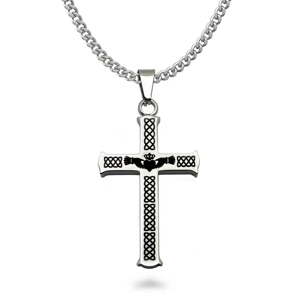 Cross Necklace, Men's Cross Claddagh Necklace Stainless Steel Cross Necklace, Christian Jewelry, Father's Day Gift -SSN543