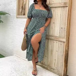 Clothing and Dress 2025 New plus Size Women's Clothing plus Size Temperament Slimming Slit Floral Dress Milkmaid Dress Casual Womenswear