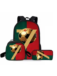 Football star No.7 crown print backpack three-piece set, including lunch bag, pencil case, and backpack, Backpack for school