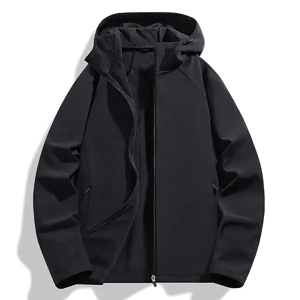 Men's Fitted Plain Softshell Jacket - Hooded, Fleece-Lined, Long-Sleeve, Minimalist, Foldable, Athletic, Cap-Designed, Classic, Hangable - Ideal for Outdoor & Casual Menswear Tops Outfits, Black Men's Clothing Coat