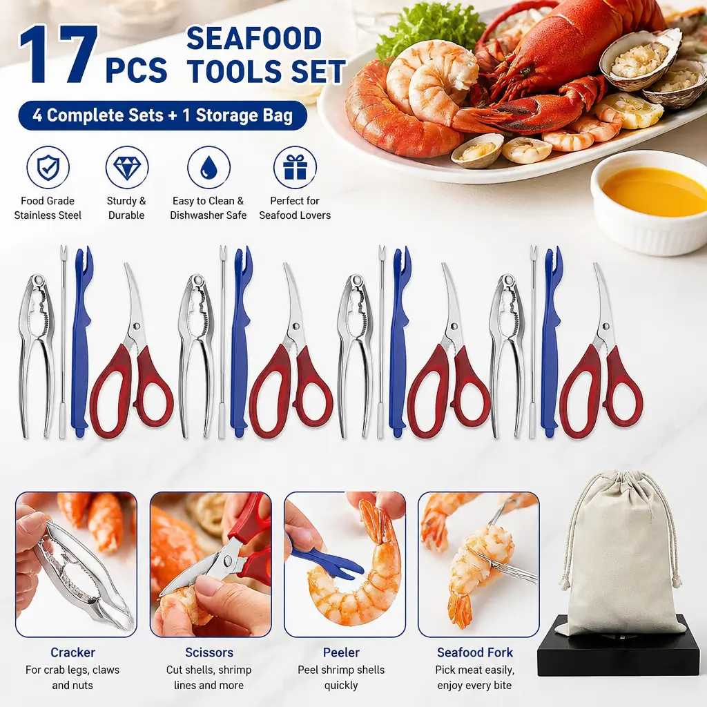 Crab & Lobster Cracker Set – 4 Crackers, 4 Forks, 4 Scissors, 4 Lobster Crackers + Storage Bag – Mid Year Sale, Deals for You, Restock