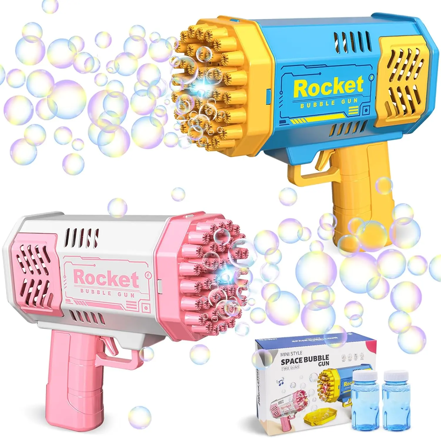 Bubble Gun Pack with 2 Bottles Bubble Solution, 40-Hole Light Up Dip Bubble Machine for Kids, Bubble Toy for 3 4 5 6 7 8 Years Old Boys Outdoor Indoor Kid Birthday Wedding Party Blue