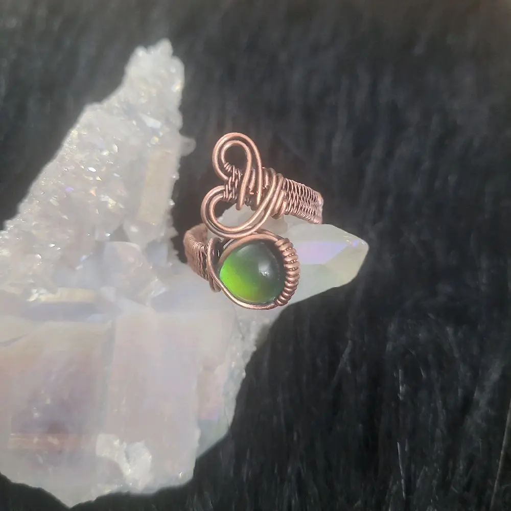 Adjustable Glass Mood Ring with Copper Wire Wrap for Adjustable Fit