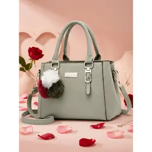 Women's Top Handle Satchel Purse with Pompom, Elegant Bags, Vegan Leather Shoulder Crossbody Bag, Medium Size Tote Handbag