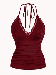 OFFGRID x Sweetra Plus Size Lace Trim Spaghetti Strap Tie-Front Ruched Cami Top