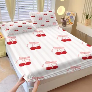 3-Piece Set Pink of Girl'S Heart Bow Print Bedding Set,Pink Fruit Cherry Bow Pattern Fitted Sheet Set, Suitable for Women Or Children Who Like Sweet Style Room Decoration, Including 1 Fitted Sheet and 2 Pillowcases, Bed Sheets Set