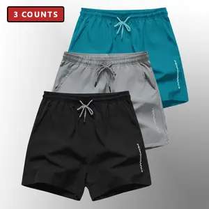 3PCS Short for Men’s Summer Quick-Dry Breathable Athletic Drawstring Fitness Running Thongs with Reflective Print and Pockets, Suitable for Daily Sports and Outings Menswear