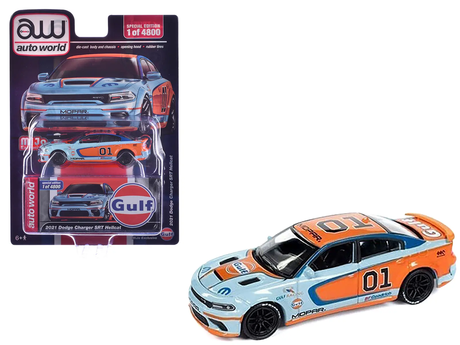 2021 Dodge Charger SRT Hellcat #01 "Gulf Oil-MOPAR" Light Blue and Orange Limited Edition 1/64 Diecast Model Car by Auto World