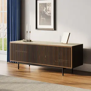 59.06"Mid-Century Modern Matte Sintered Stone Tabletop TV Stand,Slatted Door TV Console, Walnut Color Media Console