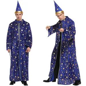 [Halloween Costume for men and women] Adult Wizard cosplay Magician performance costume Blue Starry robe + pointed hat set Stars