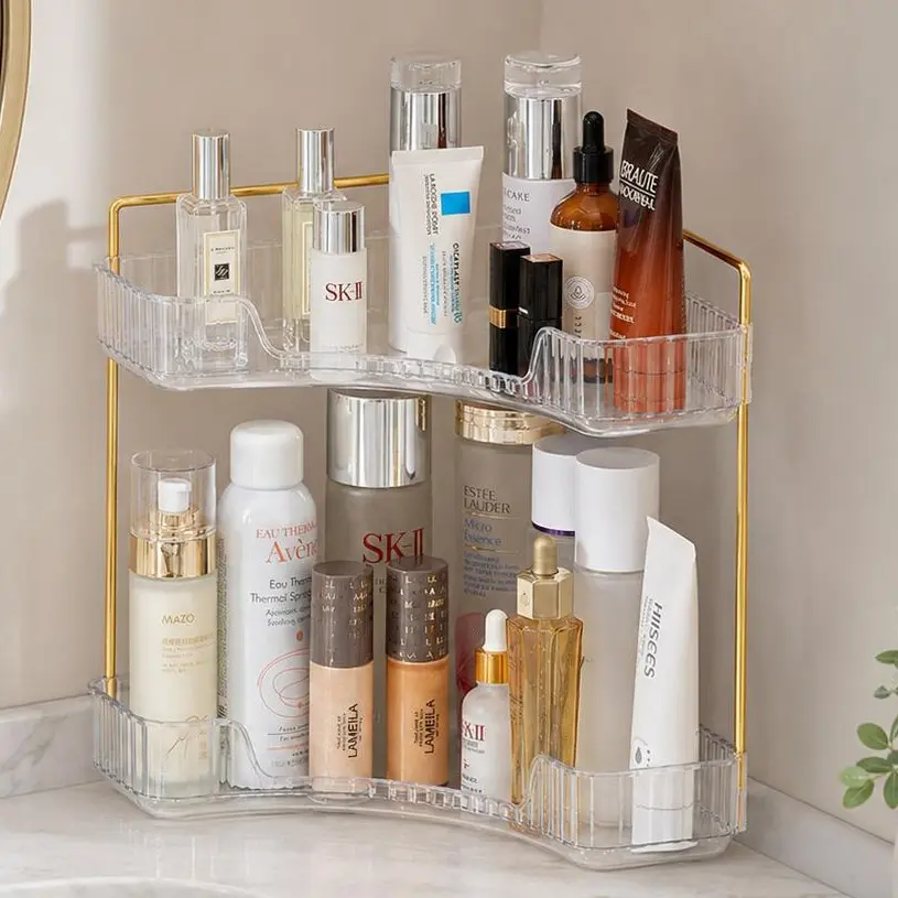 2-Tier Corner Cosmetic Organiser - Luxury Vanity Accessories, Divided Storage Container Organizer, Aesthetic Perfume Tray for Bathroom Dresser Countertop, Large-Capacity Easy-Store Organizer Storage Rack, Women's Gift Idea