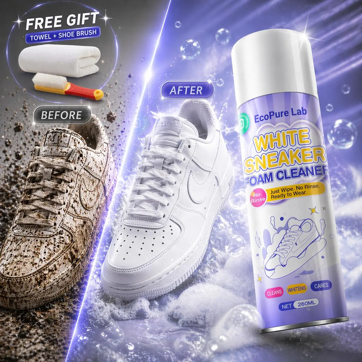 Make Your Shoes Look Brand New EcoPure White ShoeCleaner Kit Instant Foam Cleaning - No Water NeededRemoves Deep Stains in Seconds Safe for Sneakers, Leather& Mesh Comes with Brush & Towel