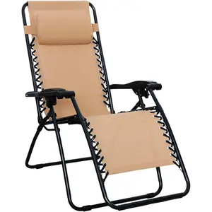 Outdoor Patio Zero Gravity Folding Reclining Lounge Chair with Padded Headrest Pillow, Adjustable Lawn Chair for Outside, Weather-resistant Textilene, 26", Beige